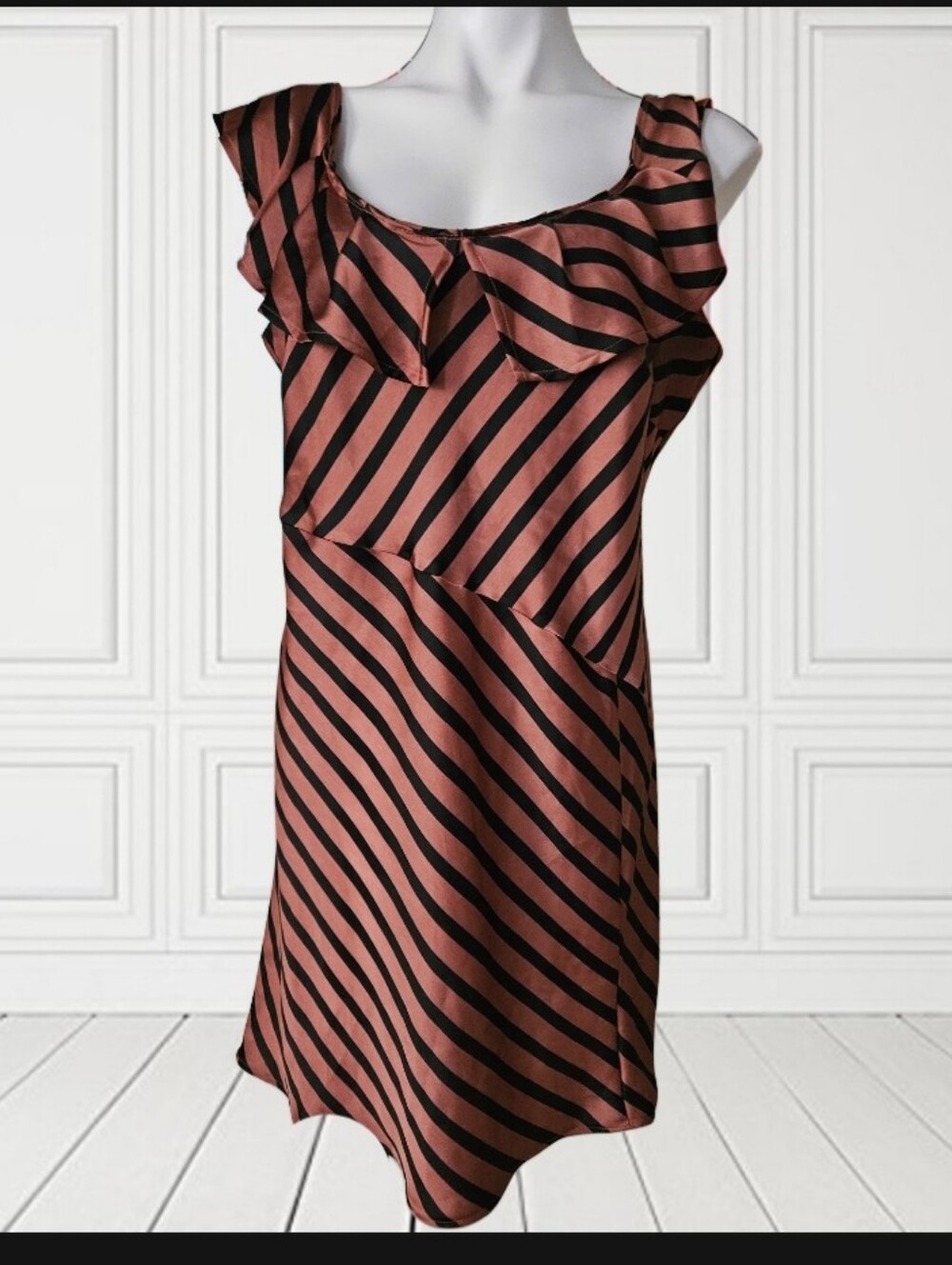 A New Day Striped Ruffle Neck Sleeveless Dress in Rust and Black XxL